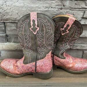 Roper Girls Pink Glitter & Brown Western Cowboy Boots